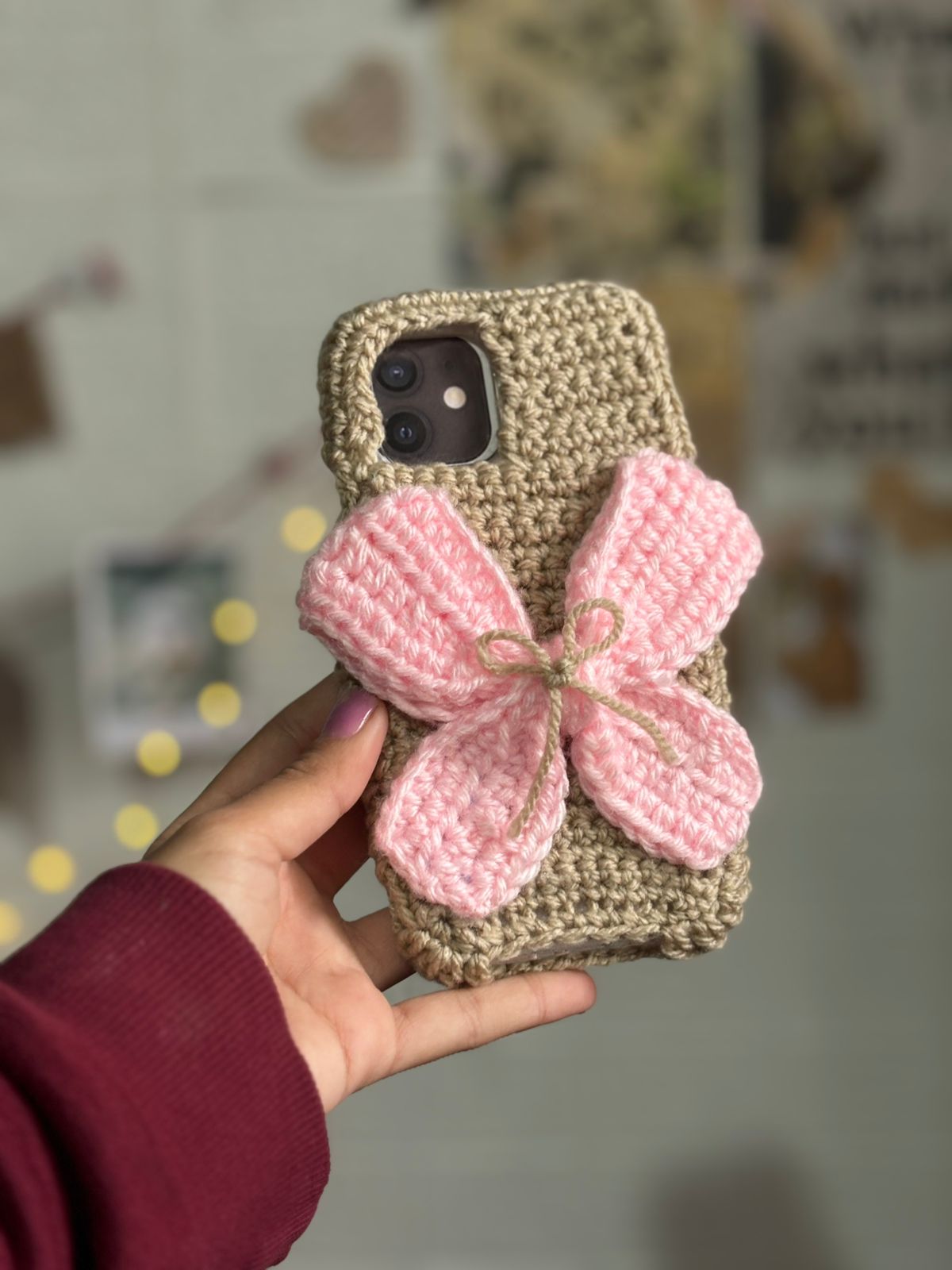 Handmade crochet bow phone case with pink bow soft wool aesthetic cover