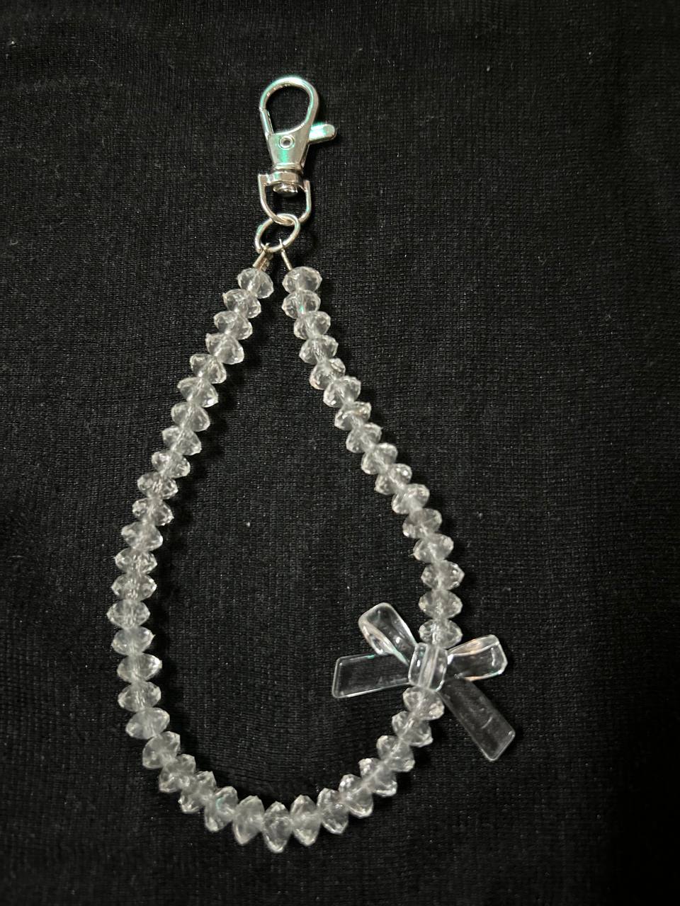 Clear Crystal Beaded Phone Charm with Bow โ Elegant Transparent Strap