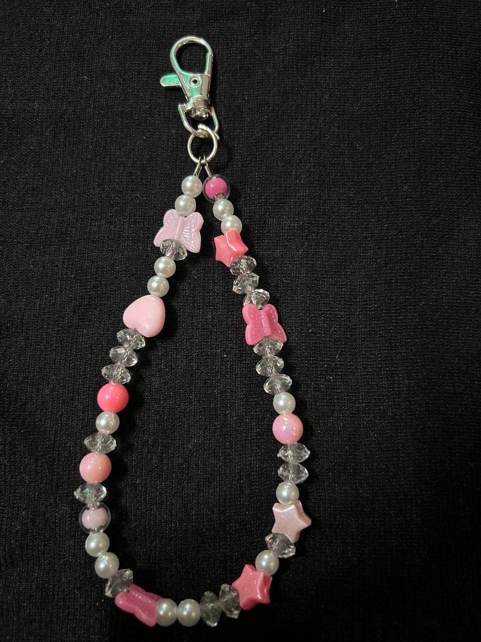 Cute Pink Beaded Phone Charm Strap with Butterfly & Star Beads