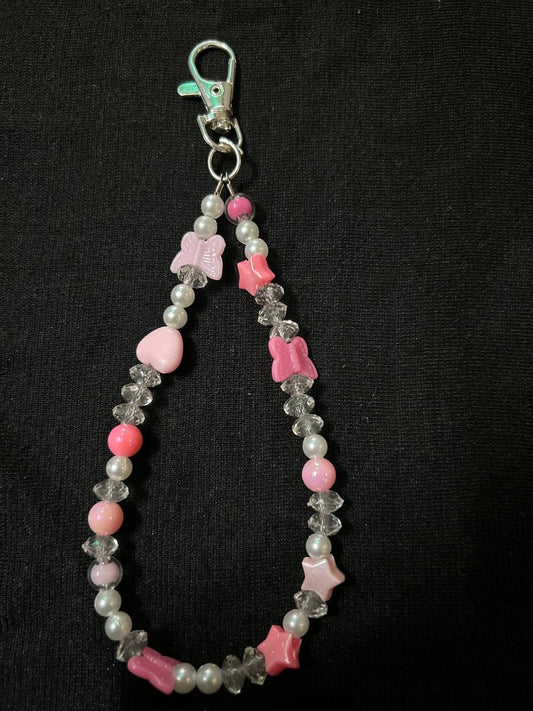 Cute Pink Beaded Phone Charm Strap with Butterfly & Star Beads