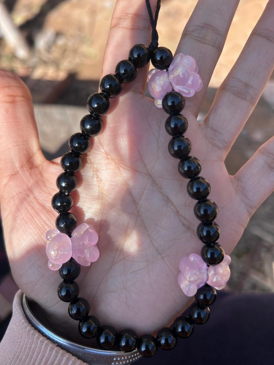 Black Beaded Teddy Bear Charm – Cute Pink Bear Aesthetic Accessory