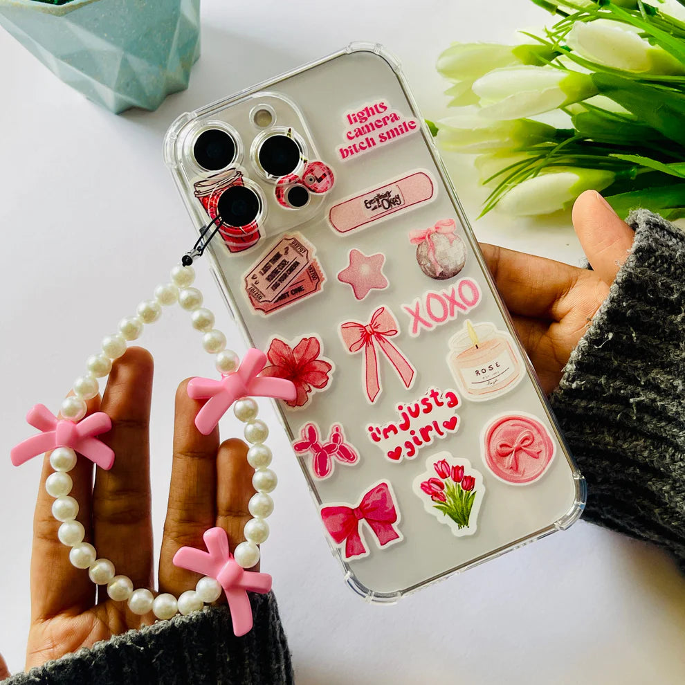 Soft Clear Phone Case with 3D Girly Stickers and Pearl Chain