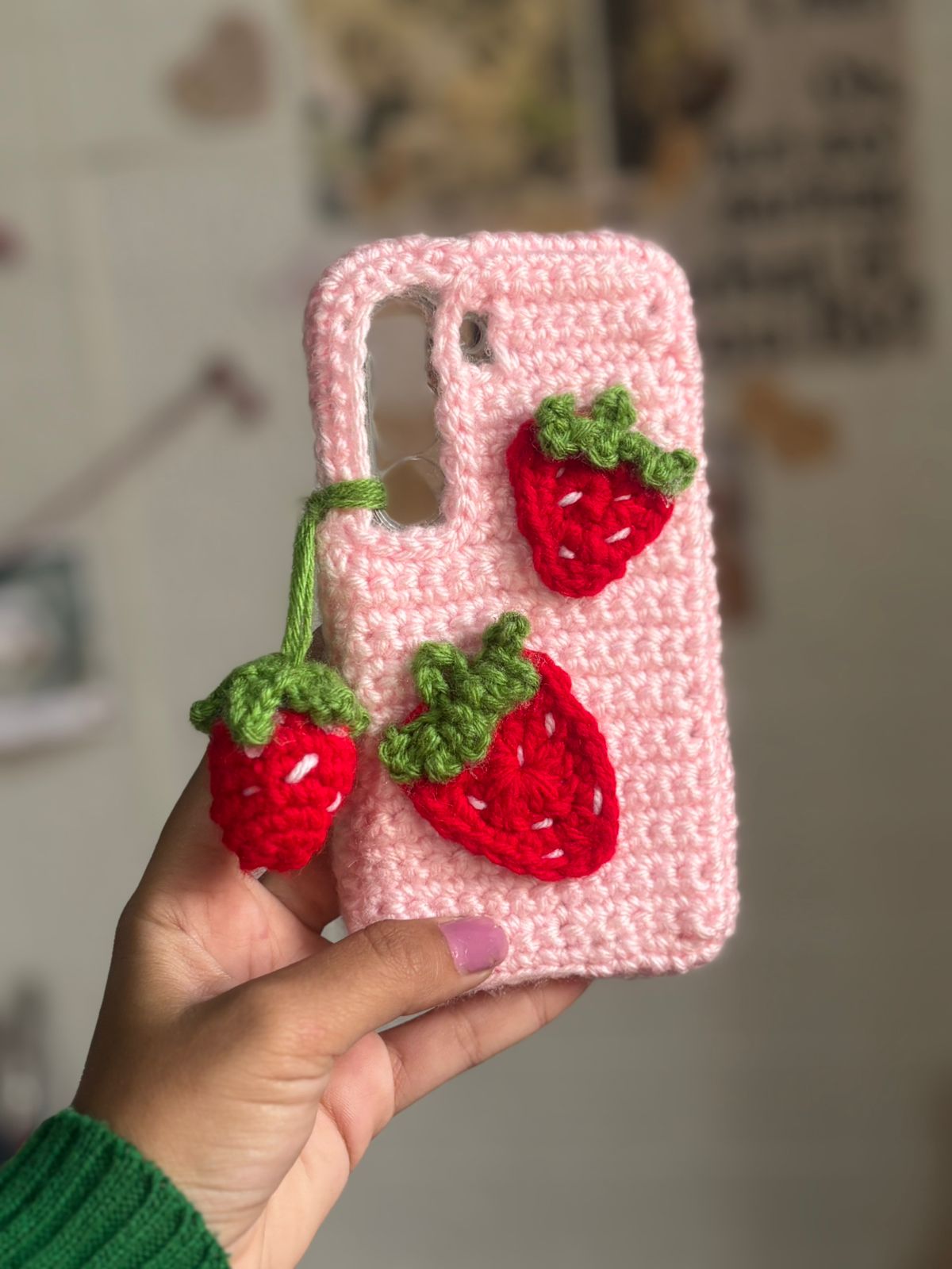 Pink strawberry crochet phone case handmade wool cute aesthetic cover for iPhone and Android