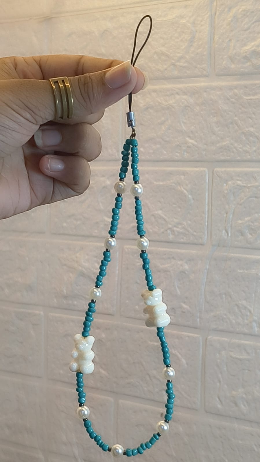 Teal blue handmade bear phone charm strap with pearl beads and wrist loop