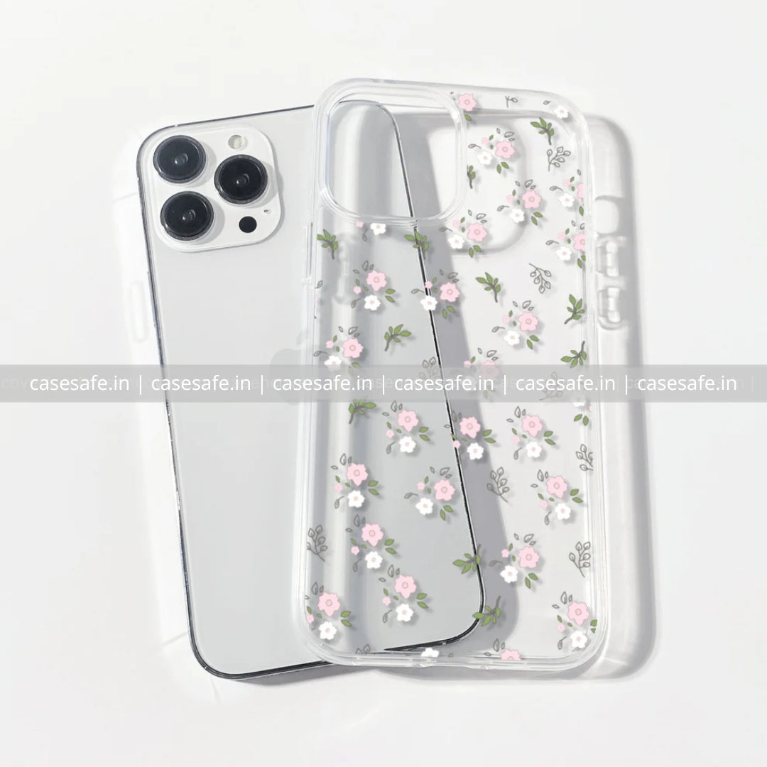 Clear phone case with tiny pink flowers and white floral pattern