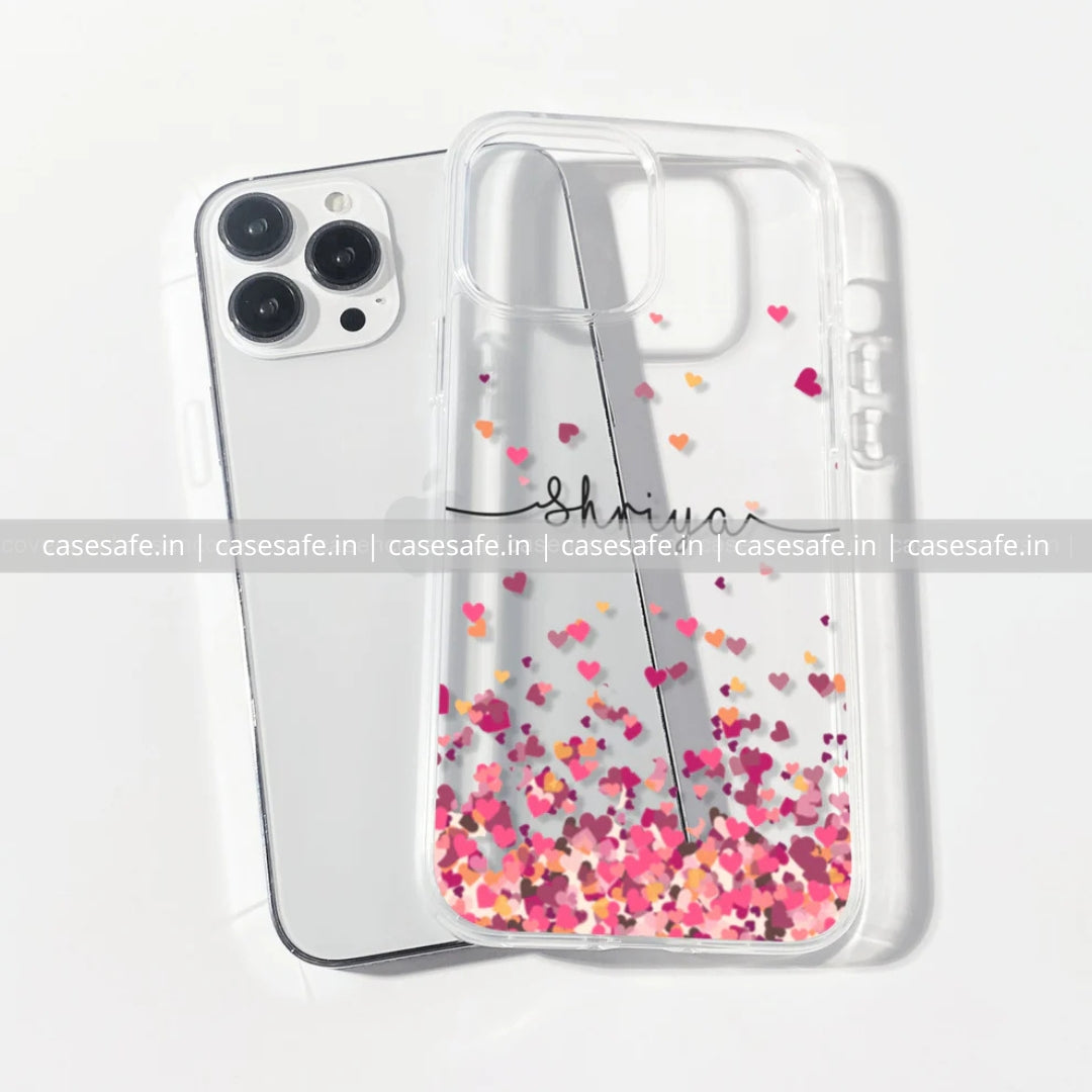 Clear phone case with pink heart confetti and custom name design