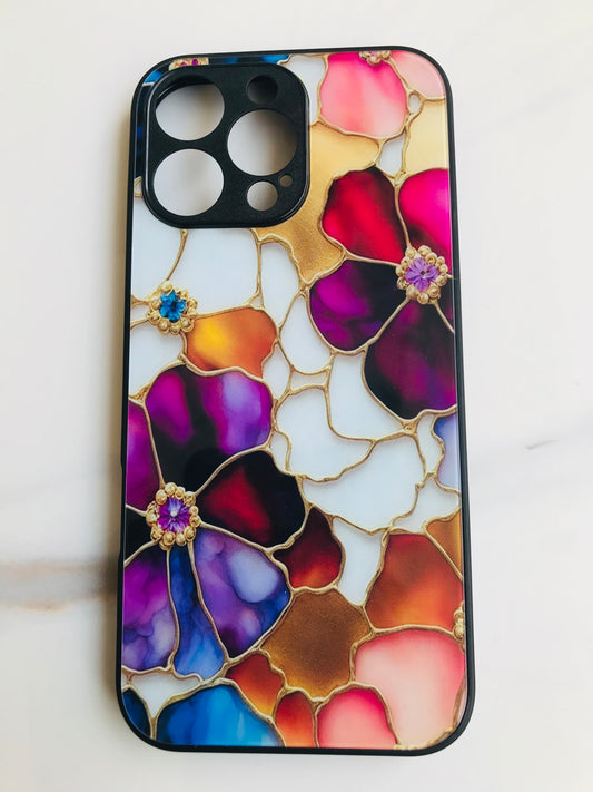 Luxury Stained Glass Floral iPhone Case – Elegant Gold & Crystal Finish