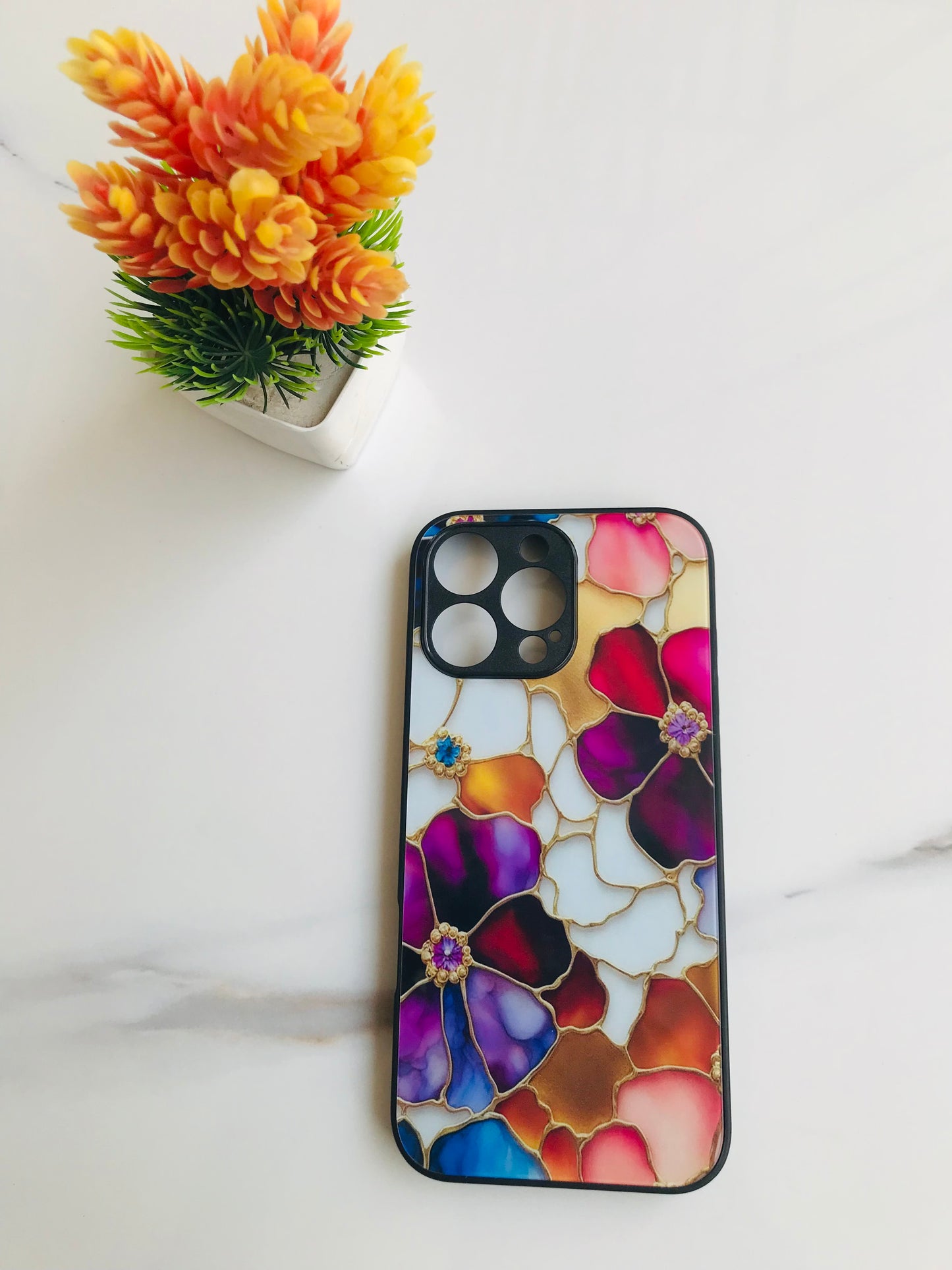 Luxury Stained Glass Floral iPhone Case – Elegant Gold & Crystal Finish