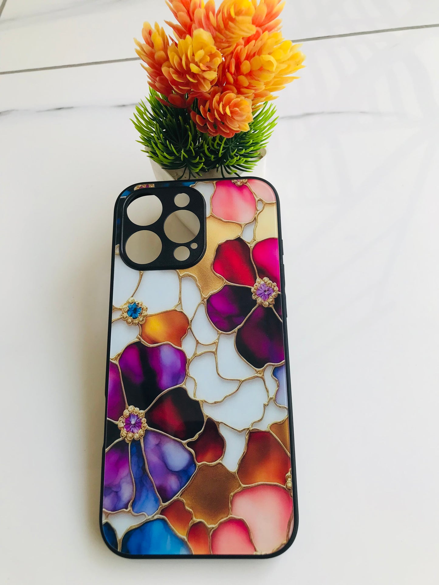 Luxury Stained Glass Floral iPhone Case – Elegant Gold & Crystal Finish