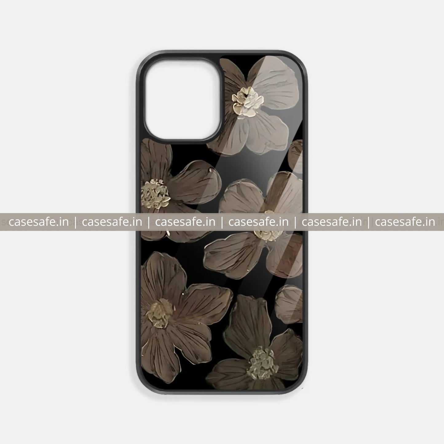 Luxury floral glossy phone case with hand-drawn beige flowers on black background