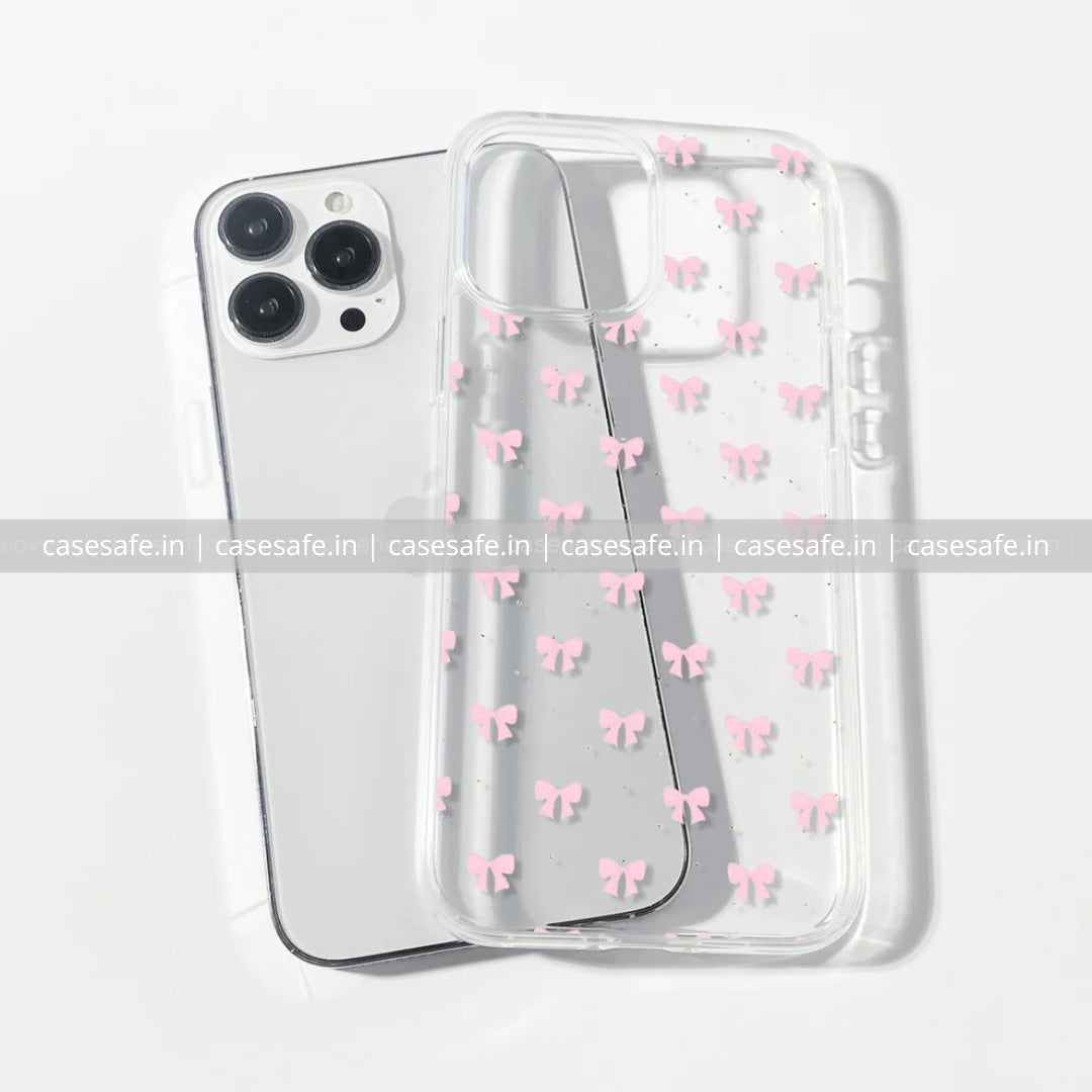 Mini pink bow phone case with dotted design on clear silicone
