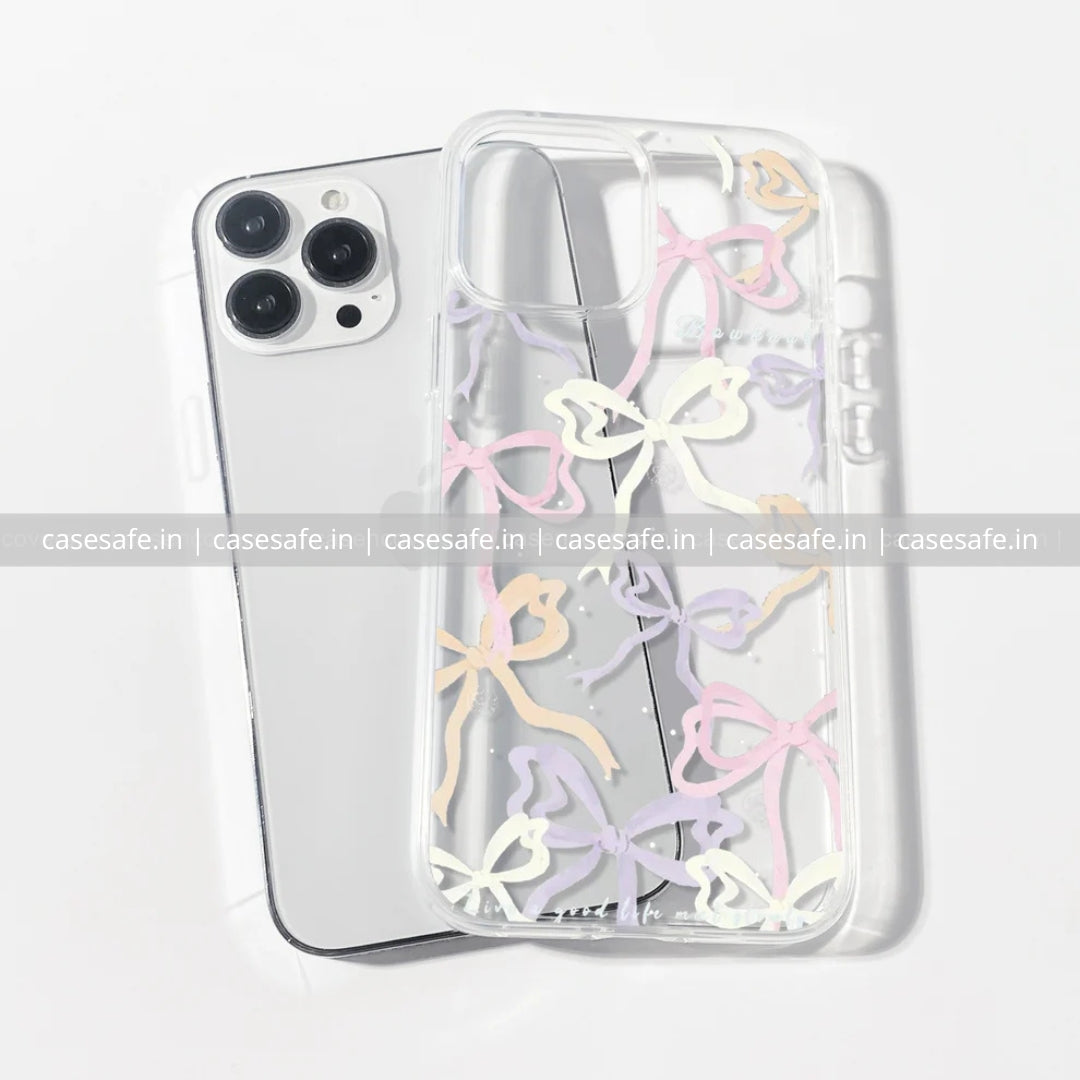 Clear phone case with multicoloured pastel bows for iPhone