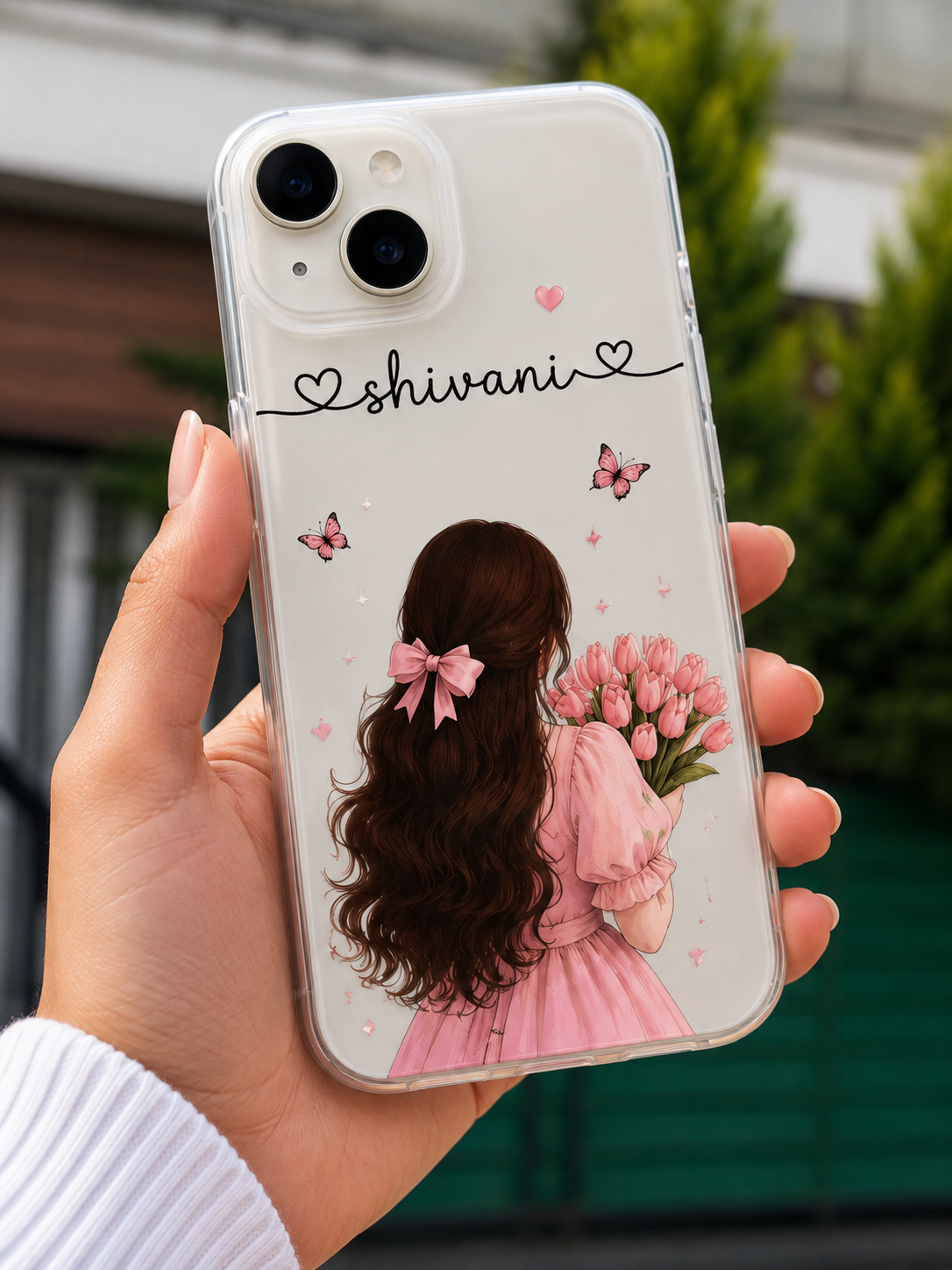 Personalized name girl flower clear phone case with pink flowers and butterfly design