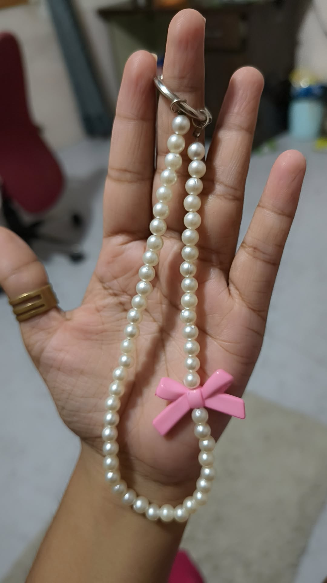 Pink Bow Pearl Phone Charm Strap with White Pearl Beads Handmade Phone Accessory for iPhone and Android