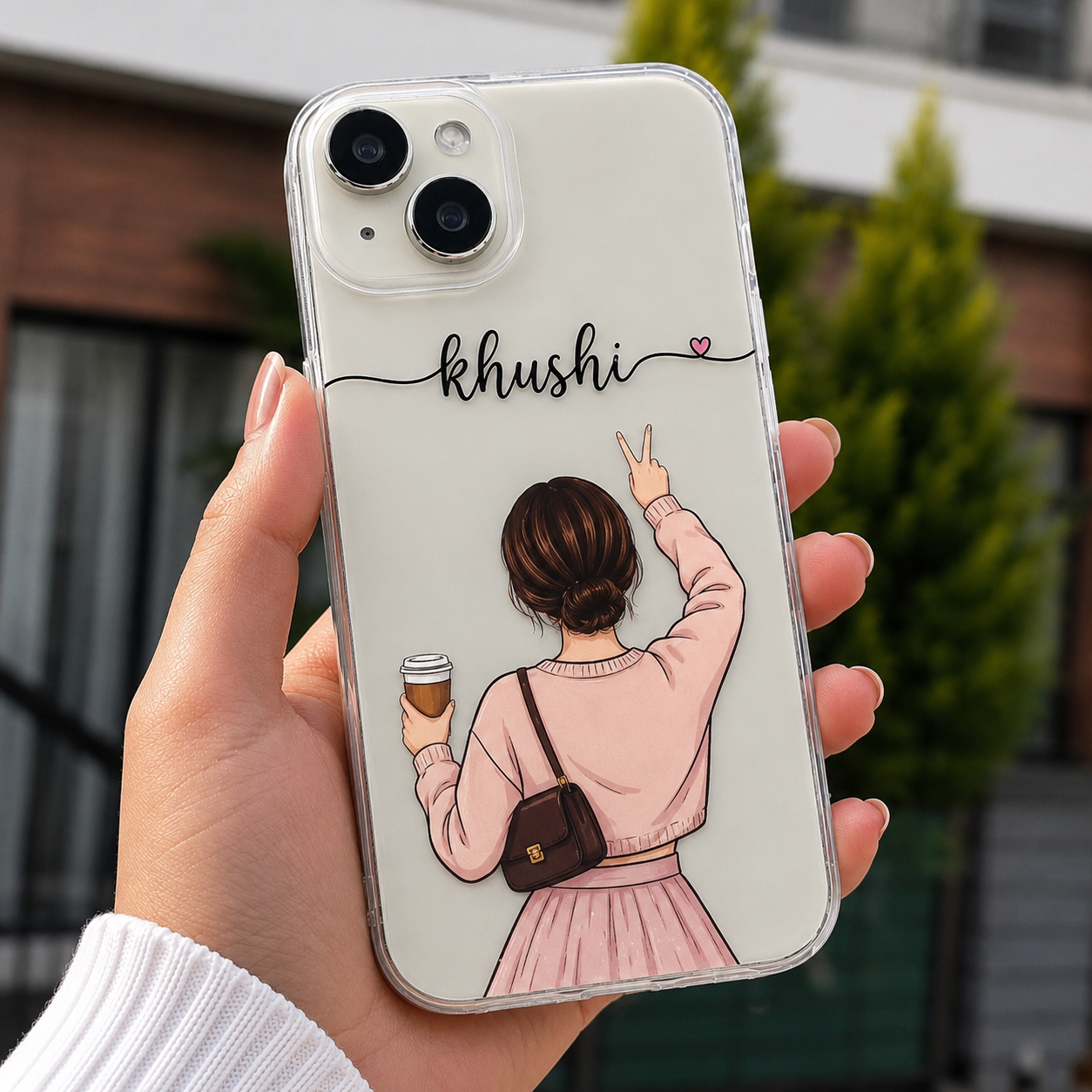 Personalized name pink girl coffee transparent phone case with handbag and peace sign