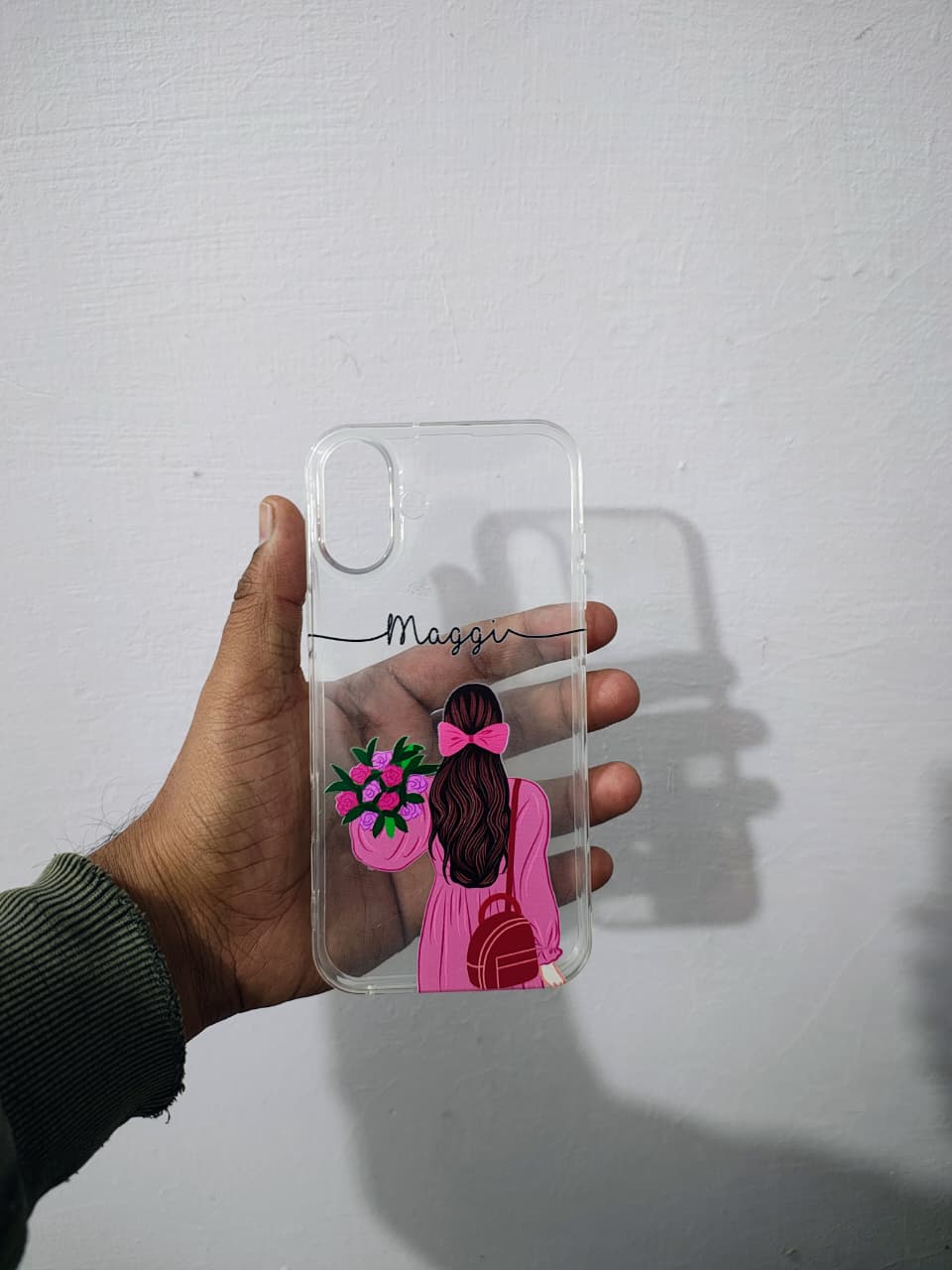 Custom Girl Illustration Phone Case – Personalized Name Clear Back Cover (Pink Outfit Design)