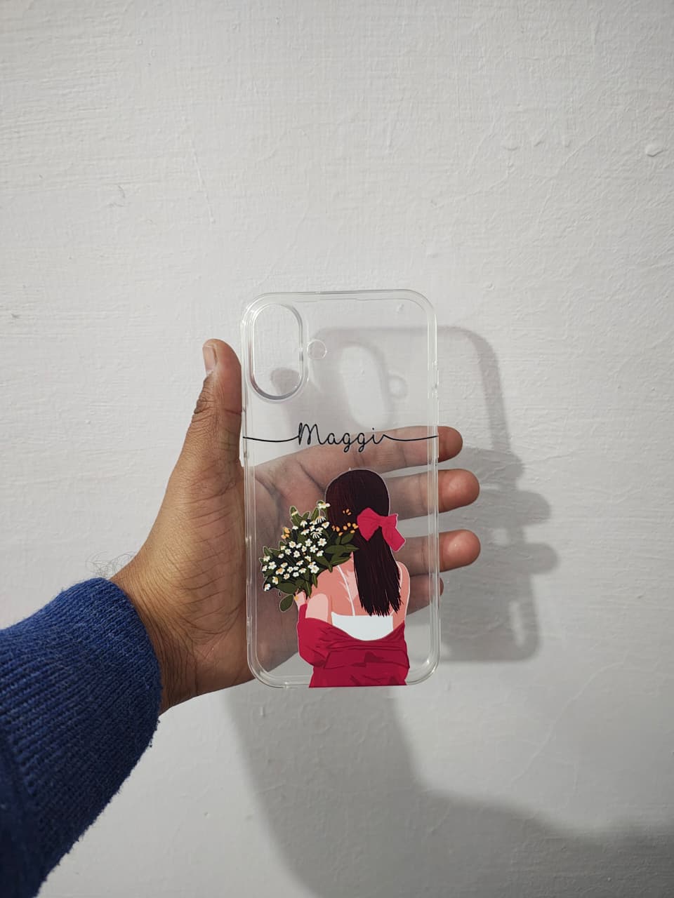 Personalized clear phone case with cute girl illustration and custom name printing