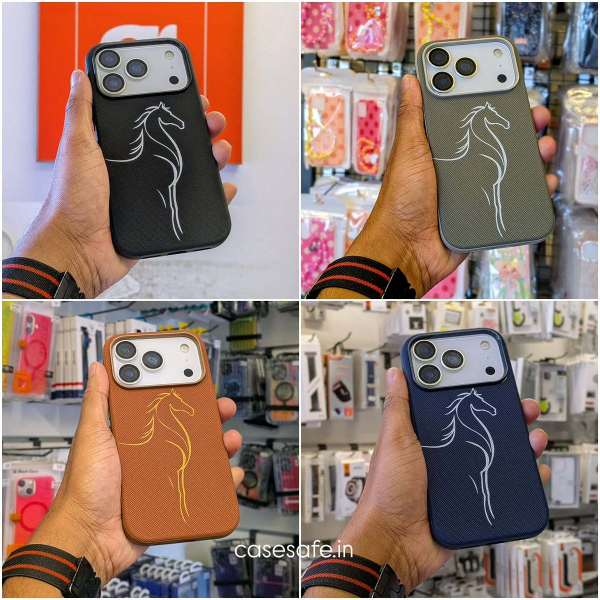 Horse design Techwoven phone case in Black Olive Green Brown and Navy Blue