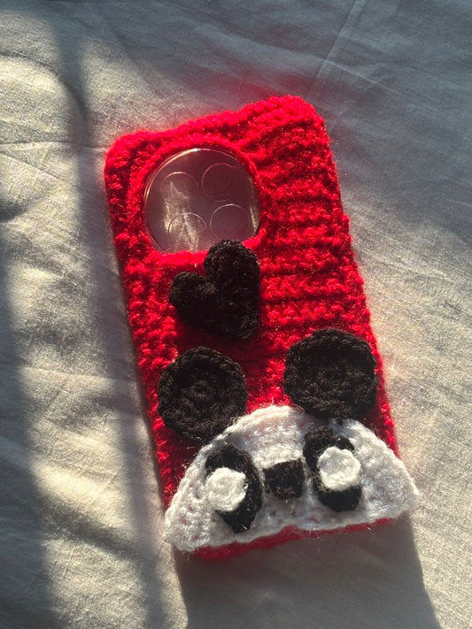 Handmade crochet panda phone case with cute 3D panda design red wool aesthetic cover