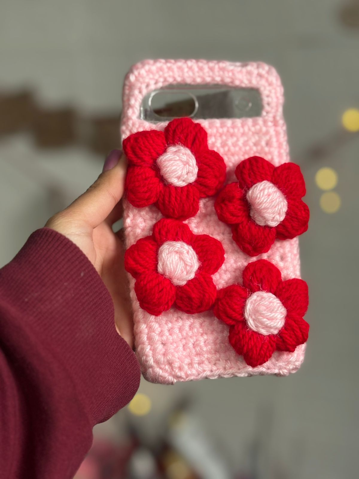 Handmade crochet red flower phone case with 3D wool flowers cute aesthetic cover