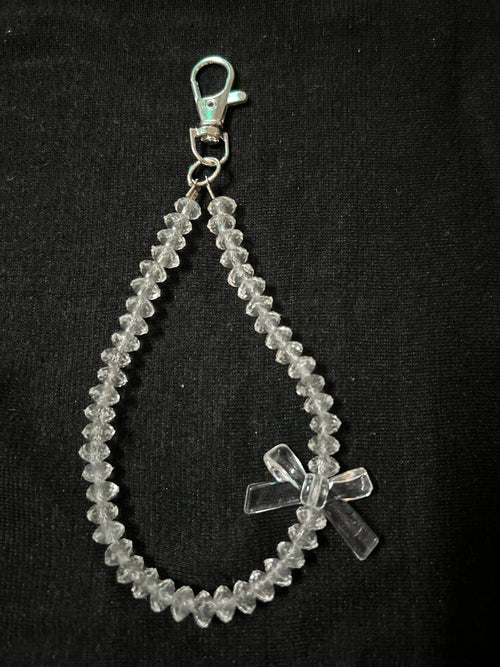 Clear Crystal Beaded Phone Charm with Bow – Elegant Transparent Strap