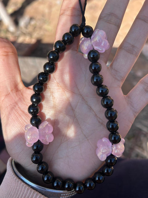 Black Beaded Teddy Bear Charm – Cute Pink Bear Aesthetic Accessory