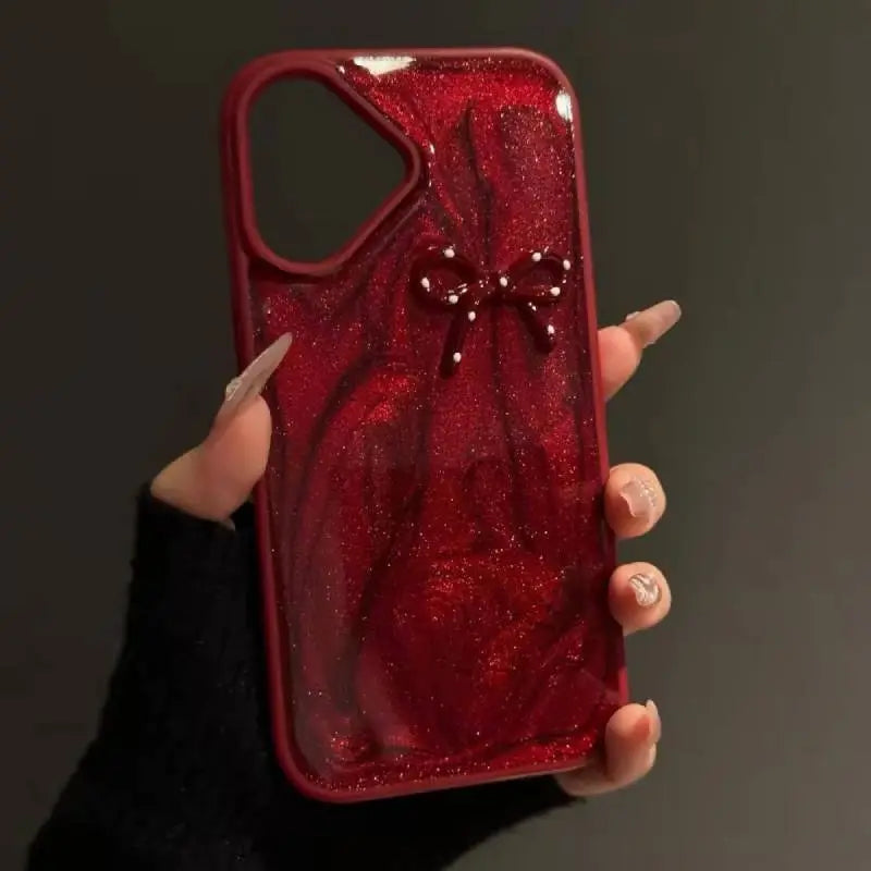 Elegant Red Glitter Bow iPhone Case - Stylish & Protective Cover