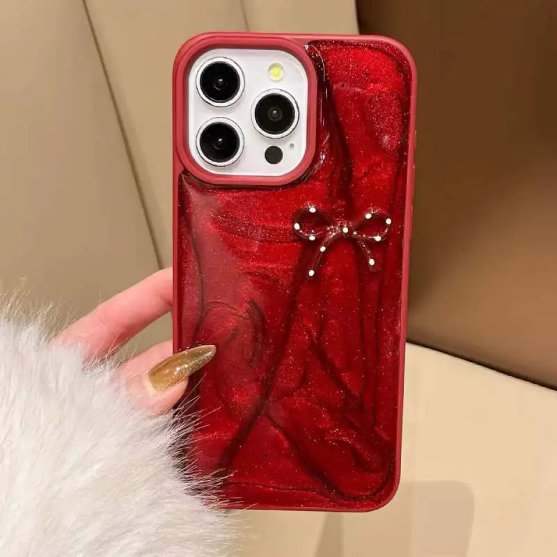 Elegant Red Glitter Bow iPhone Case - Stylish & Protective Cover