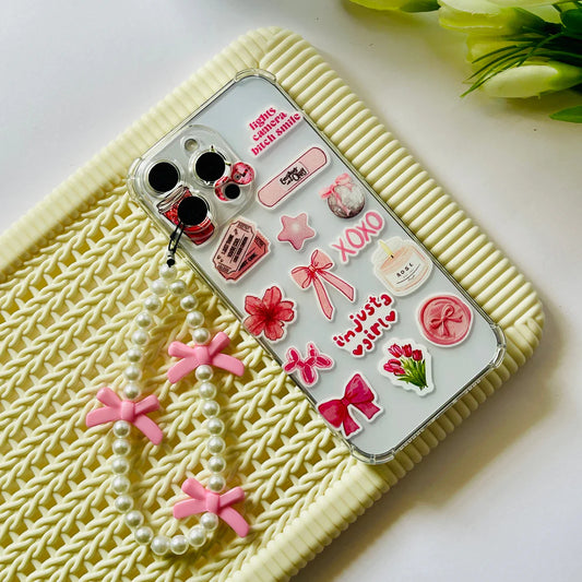 Cute Girly Charm iPhone Case with Pink Bow Strap