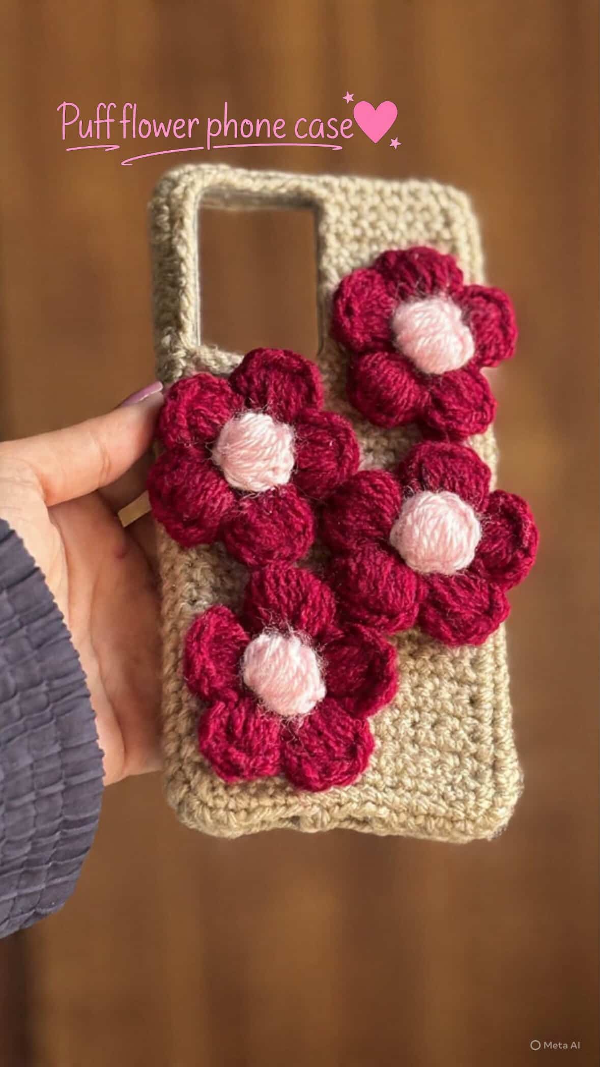 Handmade puff flower crochet phone case with 3D floral design for iPhone and Android