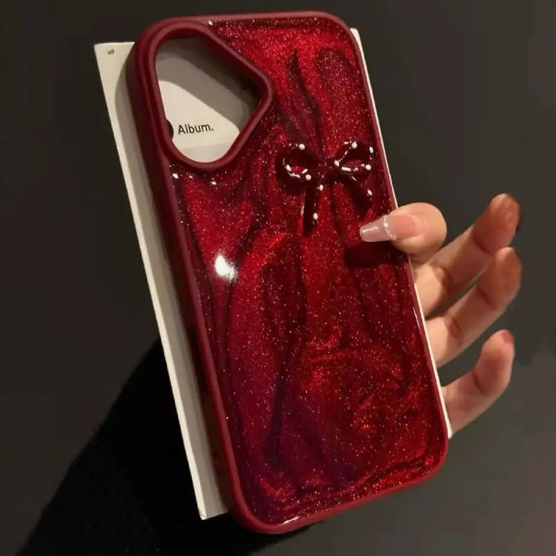 Elegant Red Glitter Bow iPhone Case Stylish Protective Cover