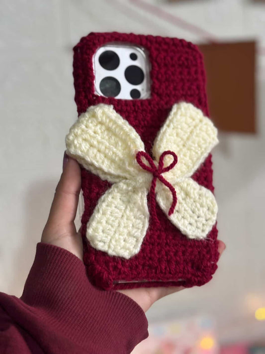 Handmade crochet bow phone case with 3D bow design for iPhone and Android