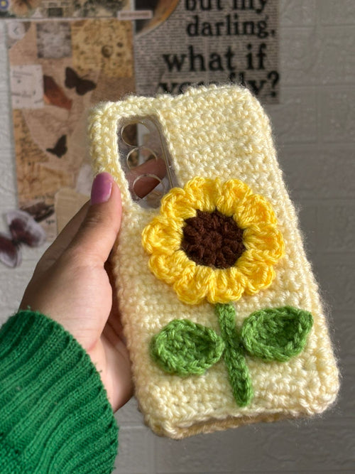 Cream Sunflower Crochet Phone Case | Handmade Aesthetic Wool Cover