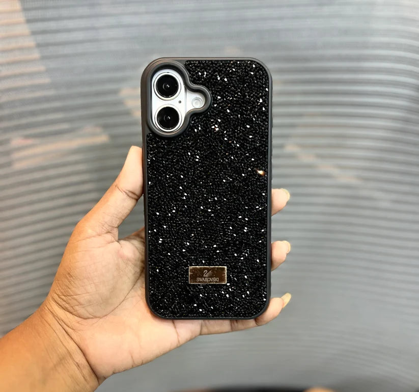 Black crystal glitter phone case for iPhone 17 with sparkling rhinestone design