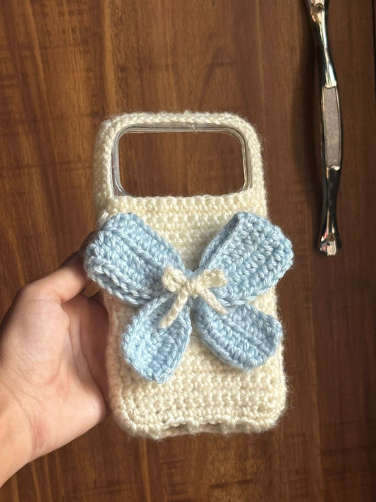 Handmade crochet bow phone case soft wool aesthetic cover for iPhone and Android