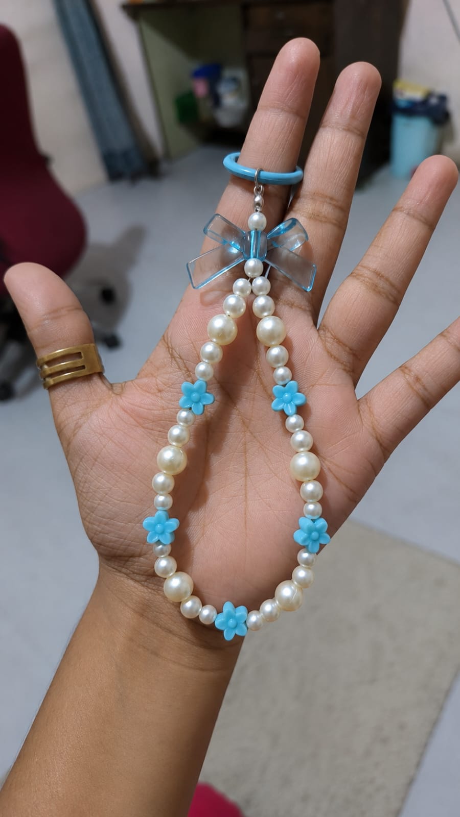 Blue Pearl Beaded Phone Charm Wrist Strap with Transparent Bow and Flower Beads for iPhone and Android