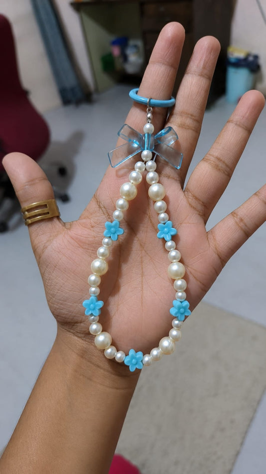 Blue Pearl Beaded Phone Charm Wrist Strap with Transparent Bow and Flower Beads for iPhone and Android