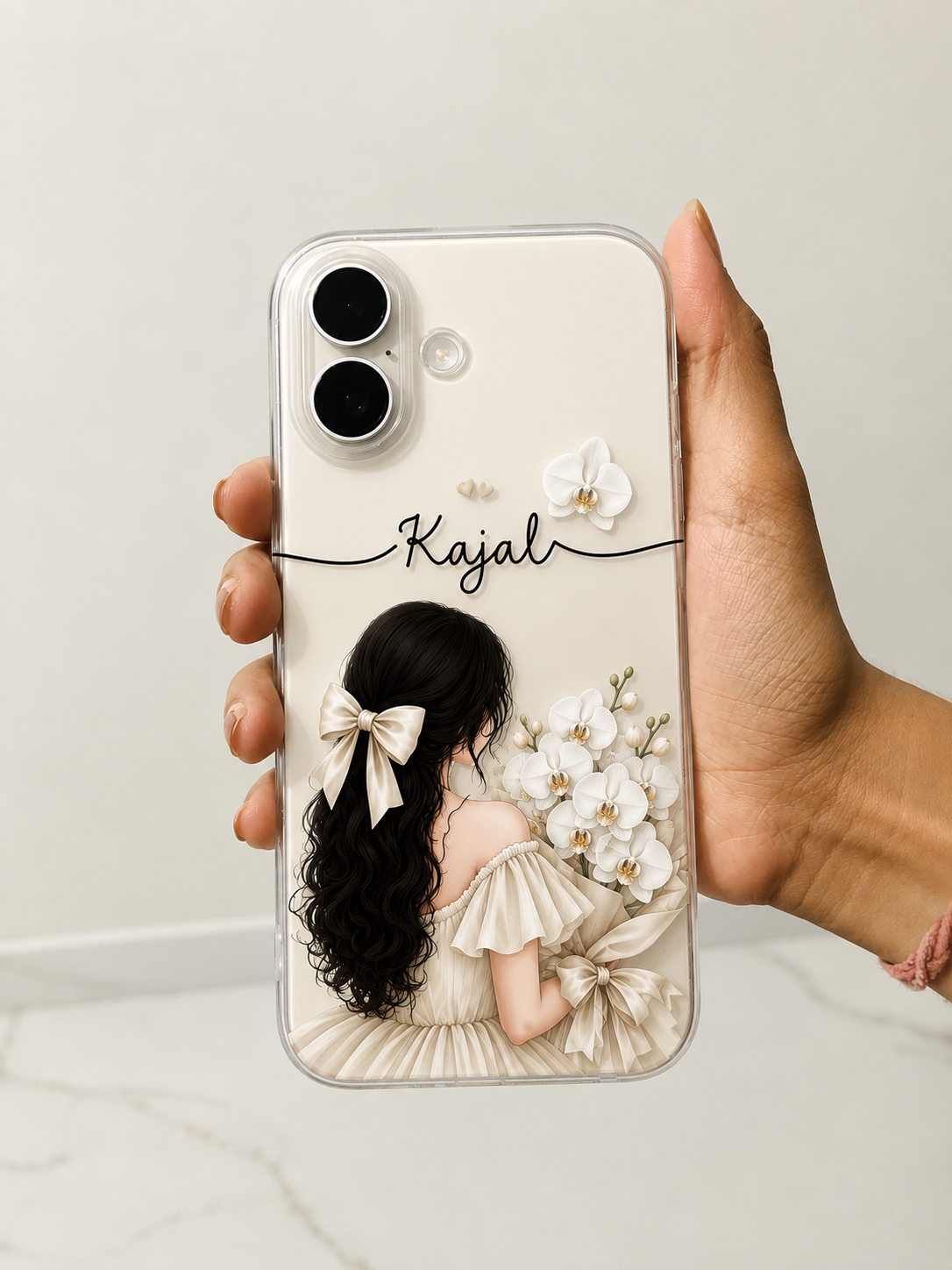 Personalized Ivory Orchid Girl Phone Case with Custom Name, White Orchid Flowers and Transparent Cover for iPhone & Android