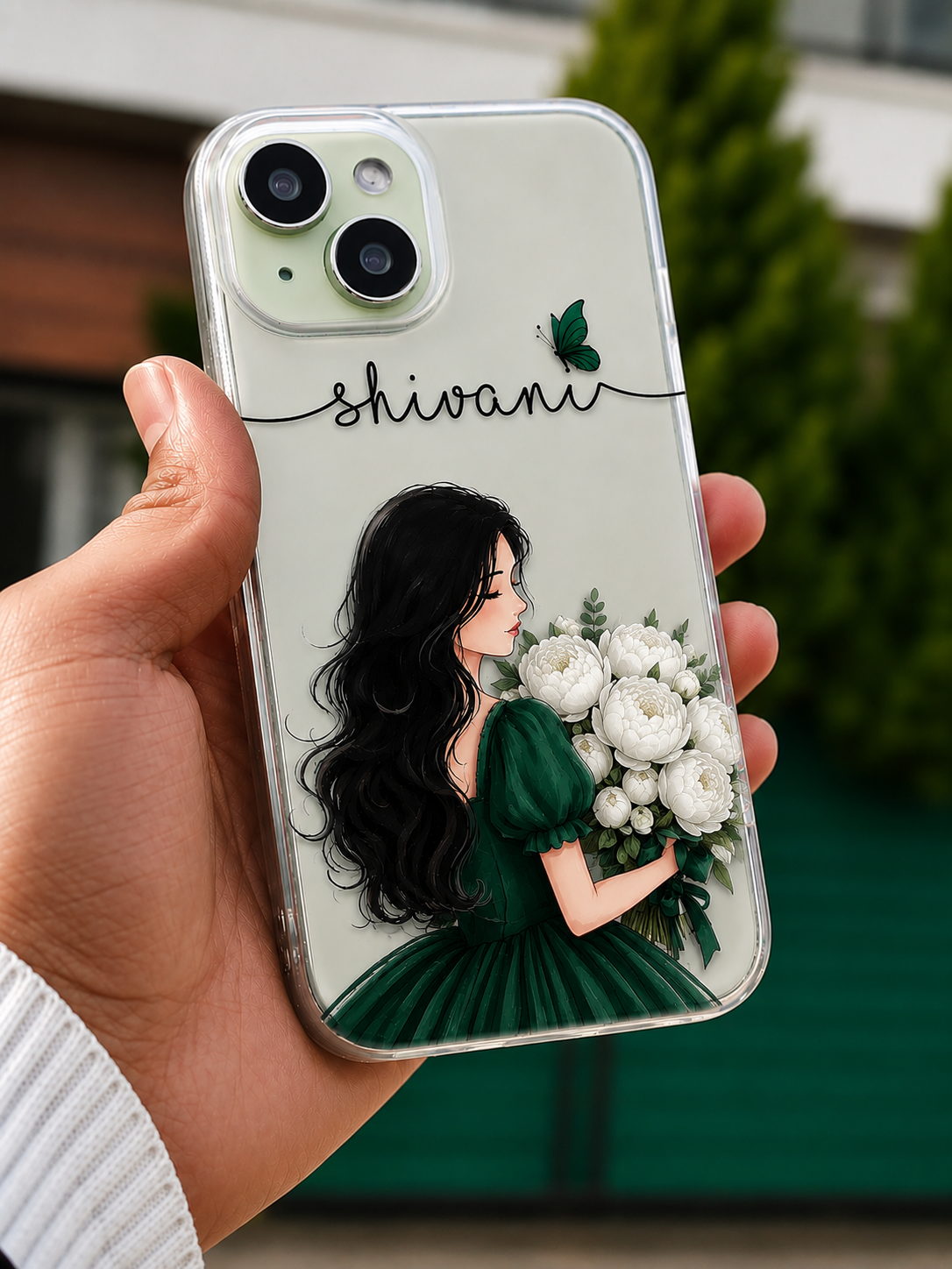 Personalized Emerald Grace Girl Illustration Transparent Phone Case with Emerald Green Dress, White Peonies & Custom Name
