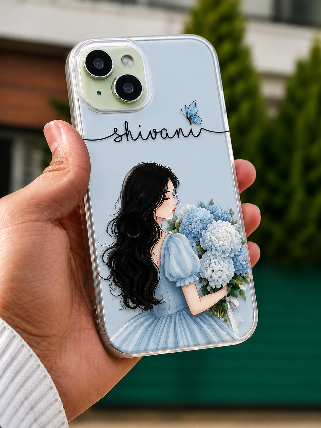 Personalized Sky Blossom Girl Illustration Transparent Phone Case with Baby Blue Dress, White Hydrangeas & Custom Name