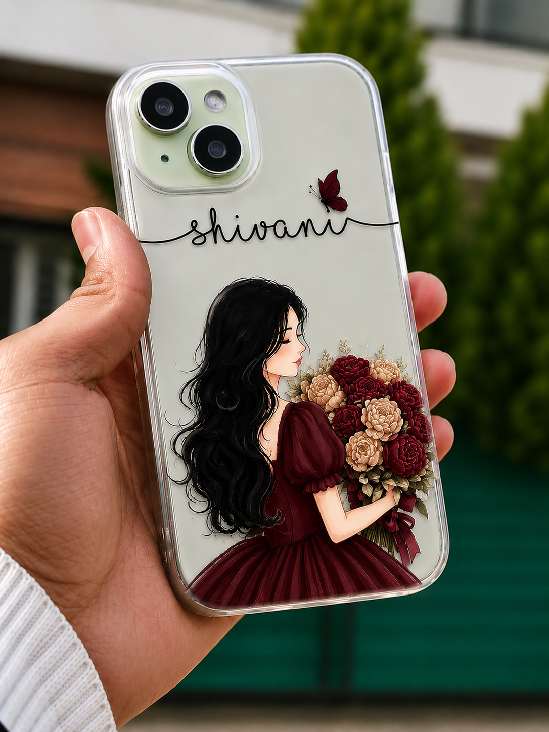 Personalized Velvet Romance Girl Illustration Transparent Phone Case with Burgundy Dress, Champagne Roses & Custom Name