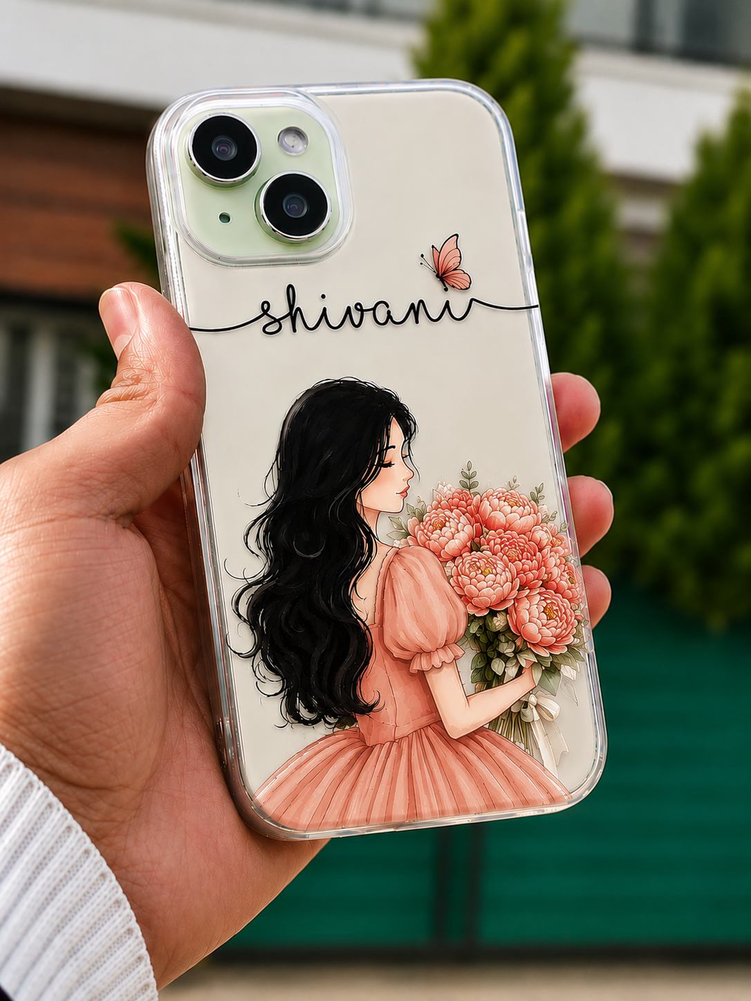 Personalized Peach Bloom Girl Illustration Transparent Phone Case with Peach Dress, Coral Peonies & Custom Name