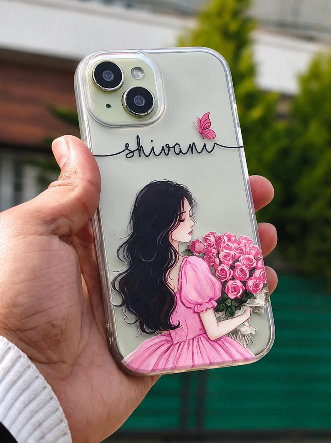 Personalized Girl Illustration Transparent Phone Case with Pink Dress, Pink Roses & Custom Name