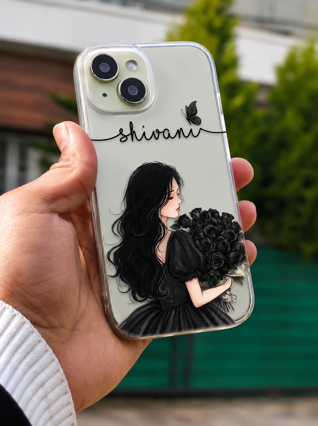 Personalized Girl Illustration Transparent Phone Case with Black Dress, Black Roses & Custom Name
