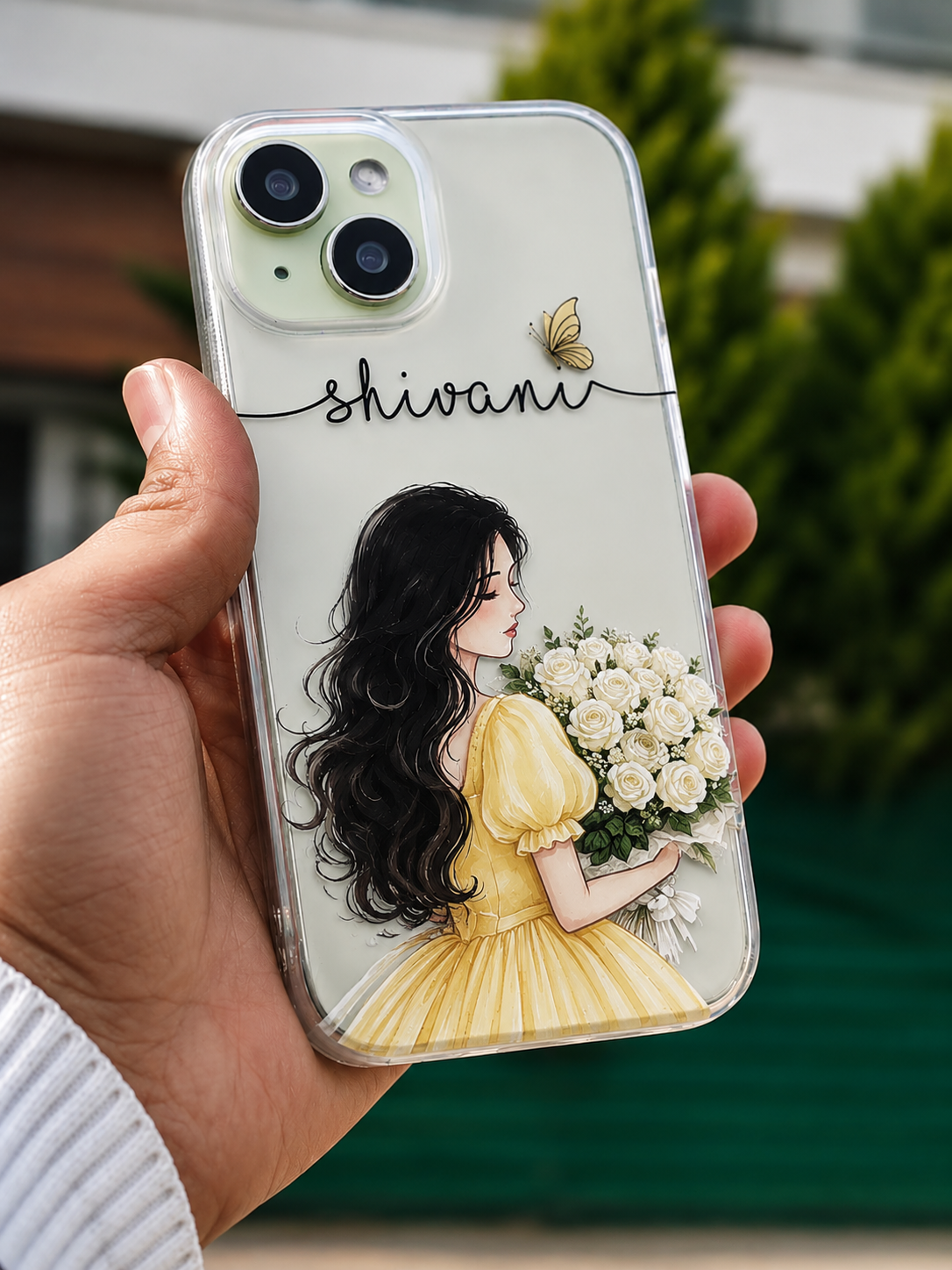 Personalized Girl Illustration Transparent Phone Case with Yellow Dress, White Roses & Custom Name