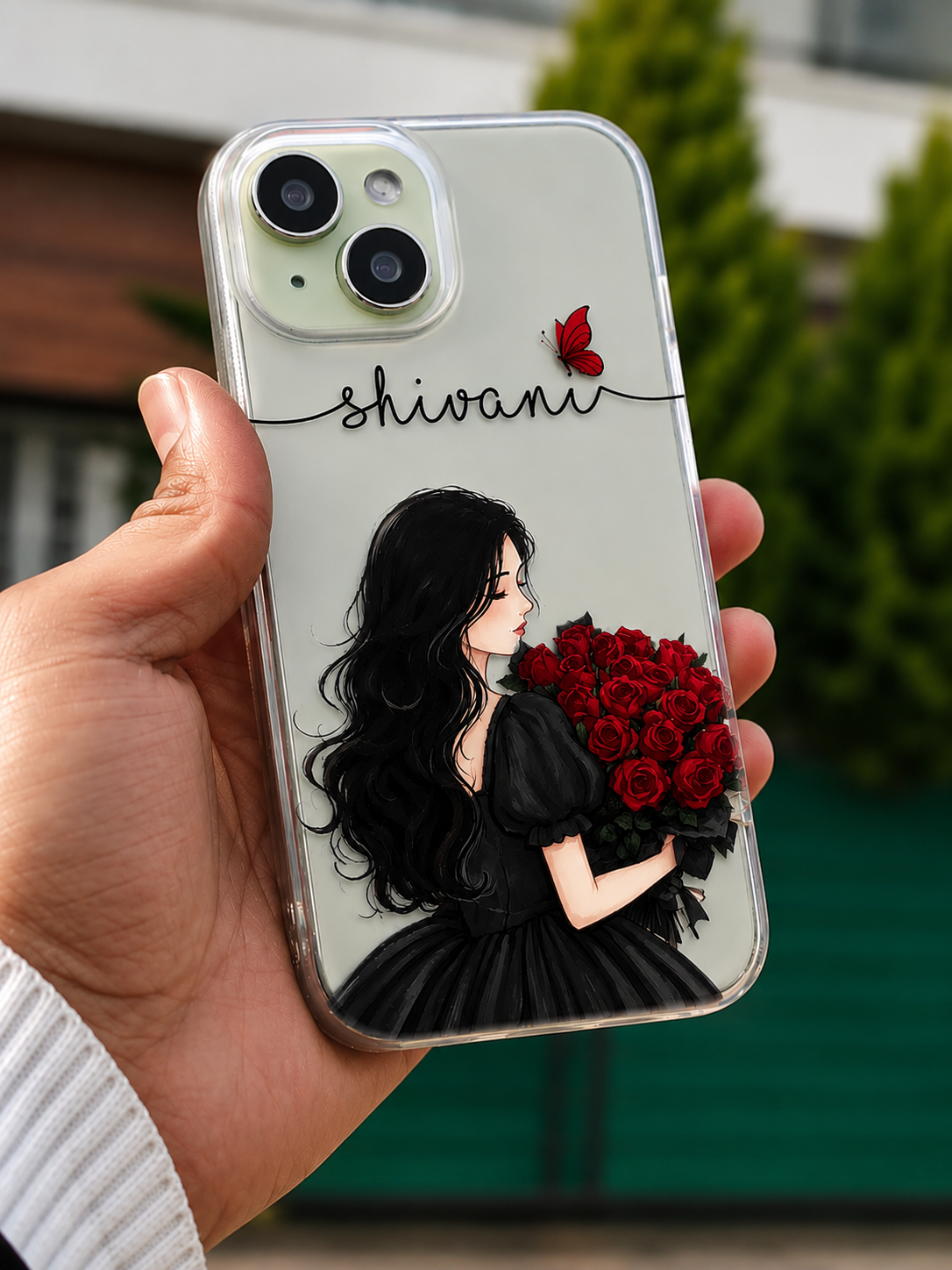 Personalized Midnight Rose Girl Illustration Transparent Phone Case with Black Dress, Red Roses & Custom Name