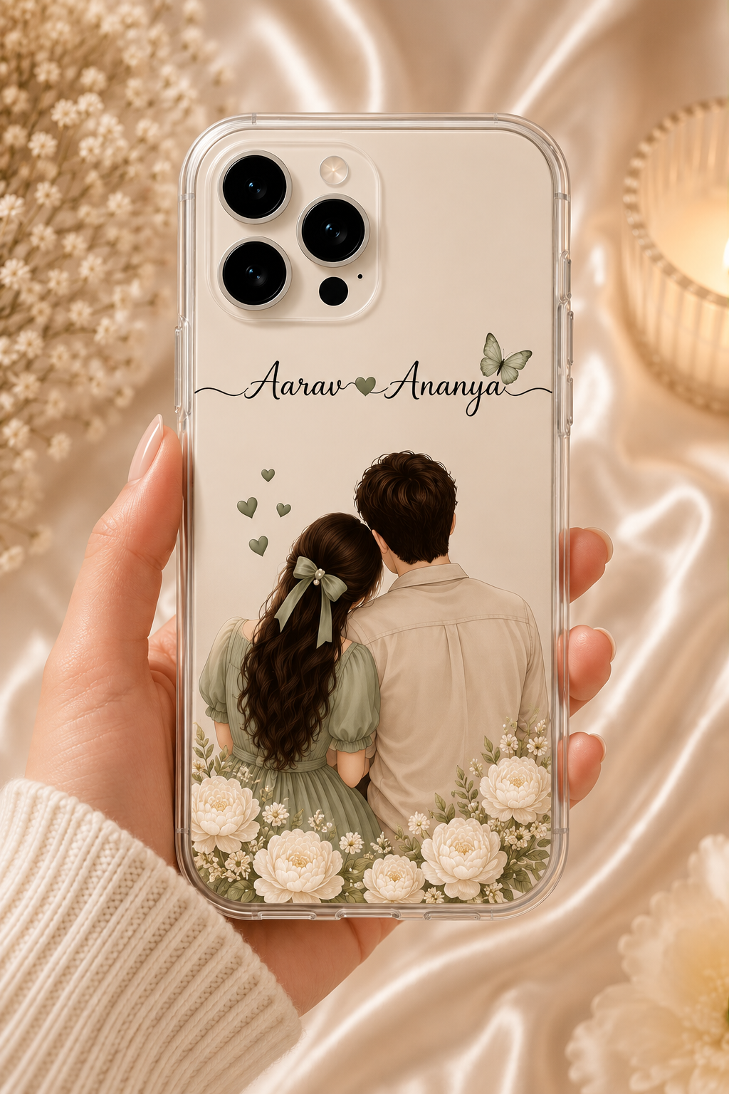 Personalized Sage Green Couple Name Phone Case with Cream White Peonies, Custom Couple Illustration and Transparent Cover for iPhone & Android