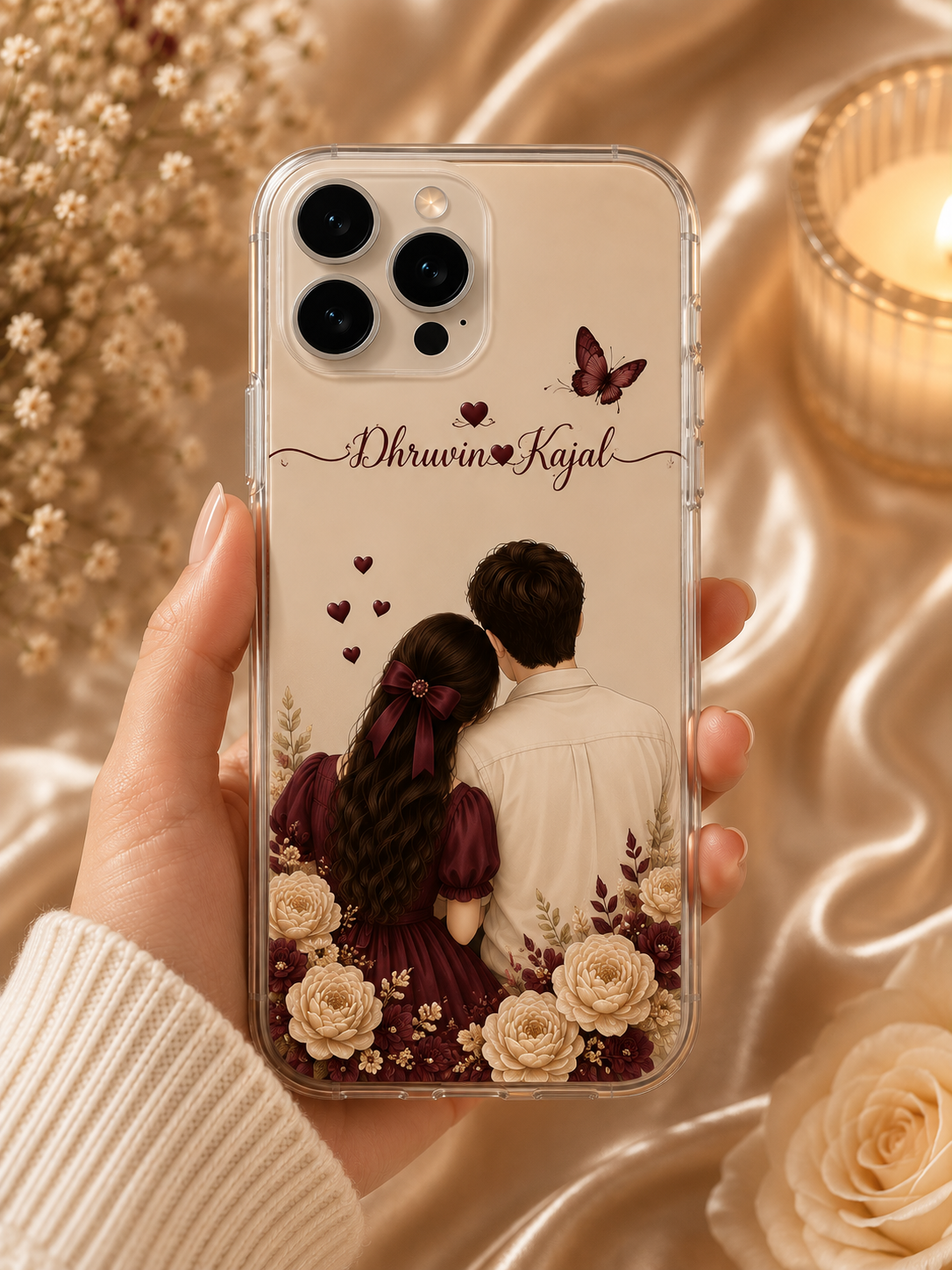 Personalized Burgundy Couple Name Phone Case with Champagne Roses, Custom Couple Illustration and Transparent Cover for iPhone & Android