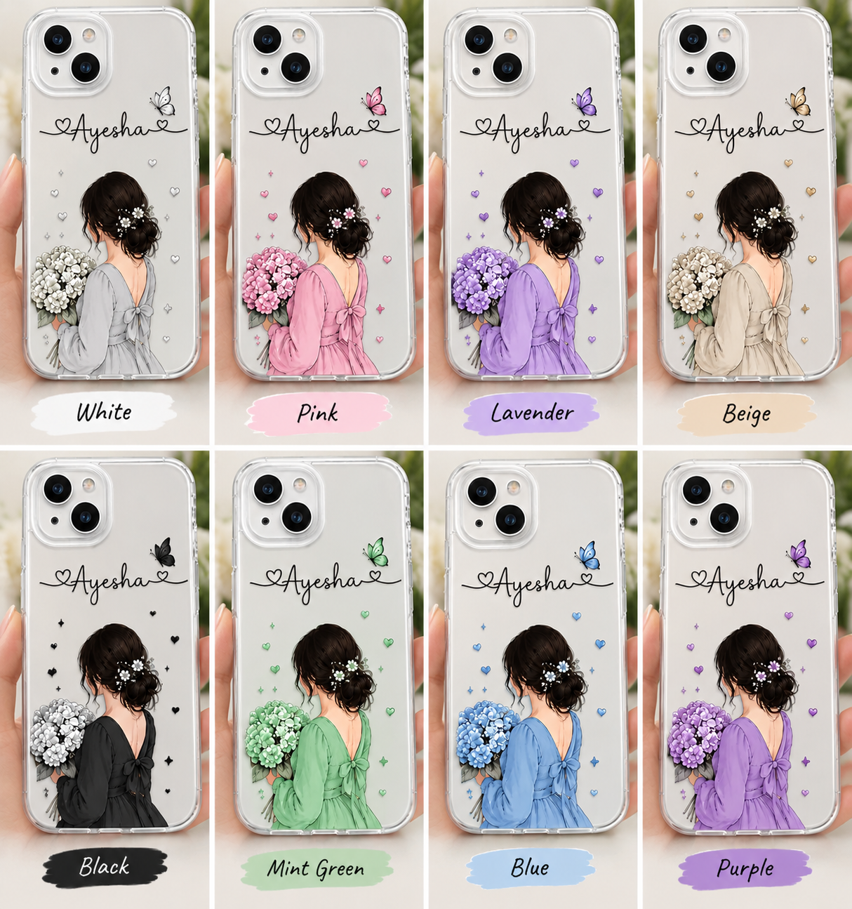 Personalized name girl floral phone case with hydrangea bouquet and butterfly
