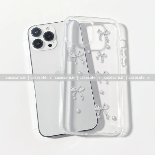 Classy Silver Bow Phone Case – Clear Pearl-Style Soft Cover for iPhone & Android